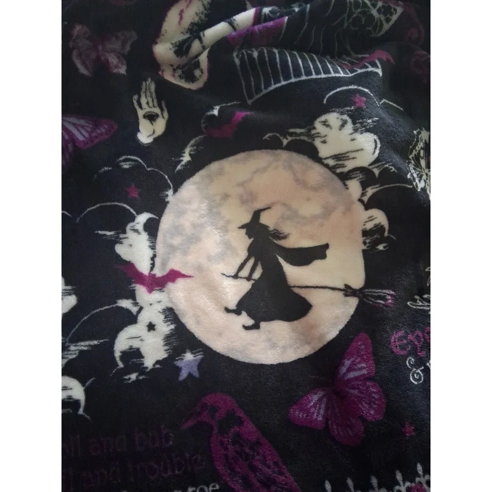 Witch Spells Halloween Throw Blanket Fleece Spooky Moon Purple Black 48